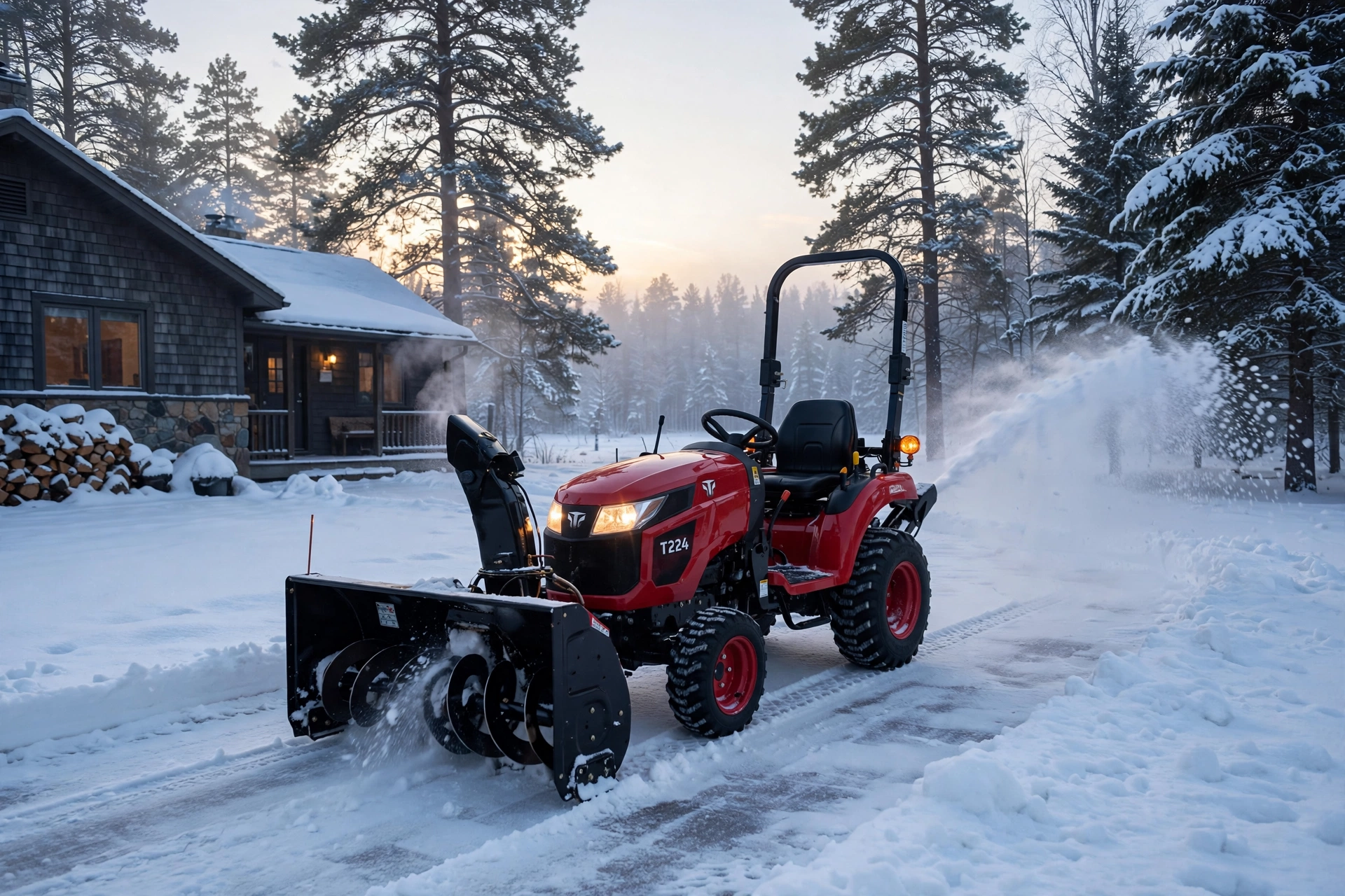 TYM T224 with front-mount snowblower clearing a driveway
